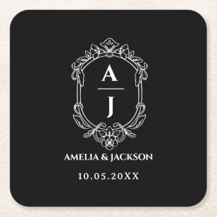 vintage crest wedding, monogram floral square paper coaster