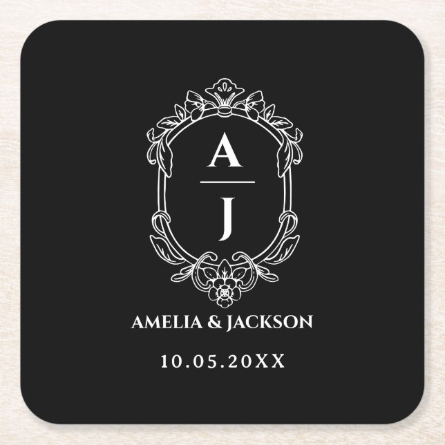 vintage crest wedding, monogram  floral square paper coaster (Front)