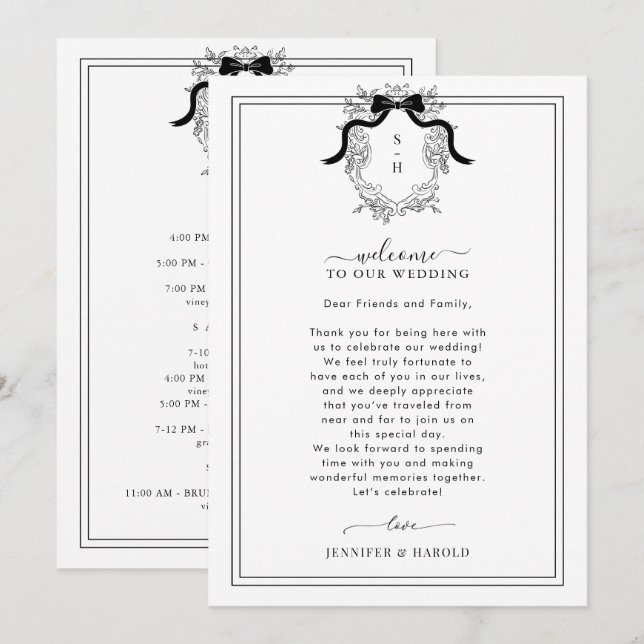 Vintage Crest Wedding Welcome Card with Itinerary (Front/Back)
