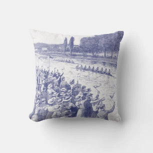 Vintage Crew Rowers Race With Many Spectators Blue Cushion