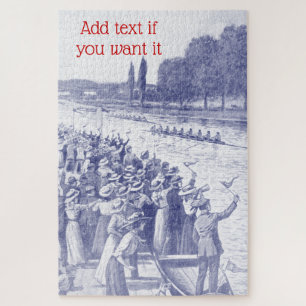 Vintage Crew Rowers Race With Many Spectators Blue Jigsaw Puzzle
