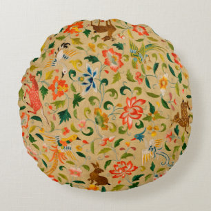 Vintage Crewel Animal Embroidery: Antique Tapestry Round Cushion