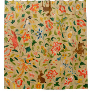 Vintage Crewel Animal Embroidery: Antique Tapestry Shower Curtain