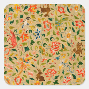 Vintage Crewel Animal Embroidery: Antique Tapestry Square Sticker