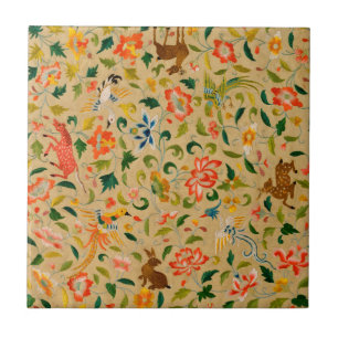 Vintage Crewel Animal Embroidery: Antique Tapestry Tile