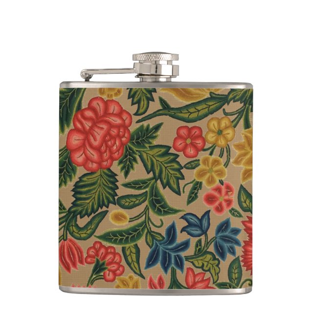 Vintage Crewel Floral Embroidery Pattern Hip Flask (Front)