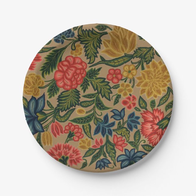 Vintage Crewel Floral Embroidery Pattern Paper Plate (Front)