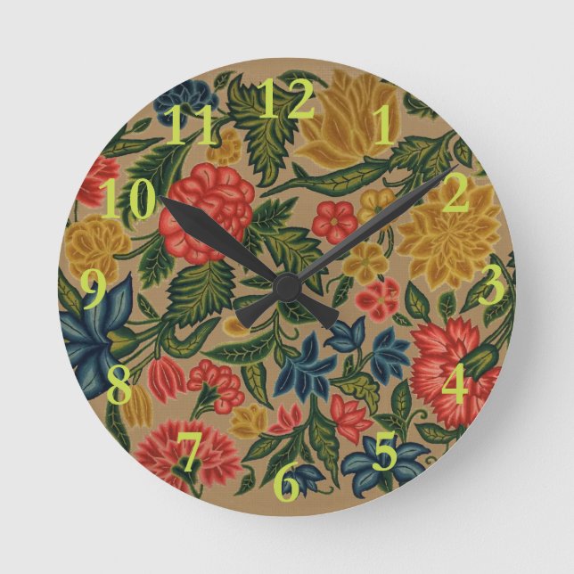 Vintage Crewel Floral Embroidery Pattern Round Clock (Front)
