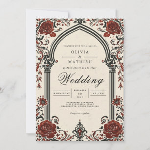 Vintage Crimson Arch Botanical Wedding Invitation