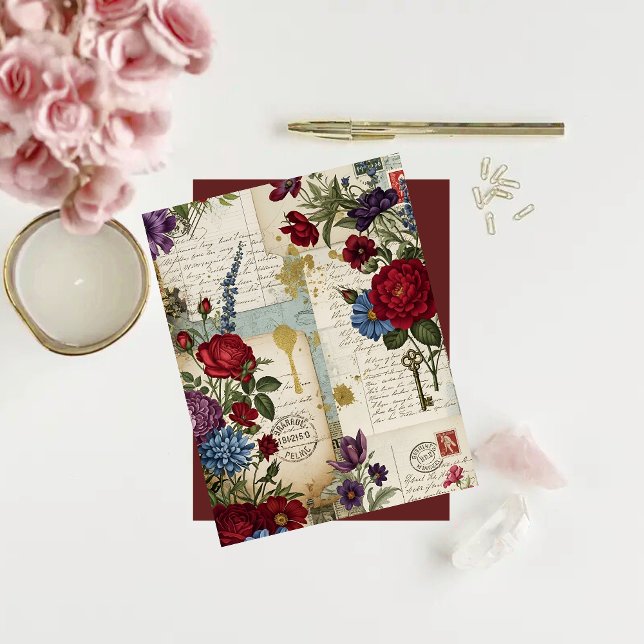 Vintage Crimson Blooms Ephemera Scrapbook Paper (Creator Uploaded)