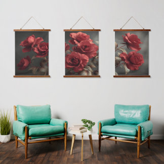 Vintage Crimson Roses Triptych - Moody Botanical Hanging Tapestry