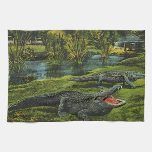 Vintage Crocodiles, Marine Life Reptiles Animals Tea Towel