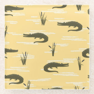 Vintage Crocodiles: Yellow Seamless Pattern Glass Coaster