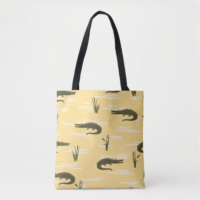 Vintage Crocodiles: Yellow Seamless Pattern Tote Bag (Front)