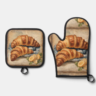 Vintage Croissant Bread Baking Pastry Chef Baker  Oven Mitt & Pot Holder Set