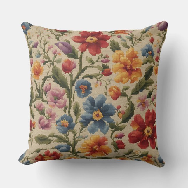 Vintage Cross Stitch Colourful Floral Pattern Cushion (Front)