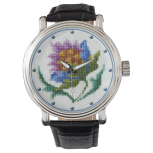 Vintage cross stitch embroidered flower watch