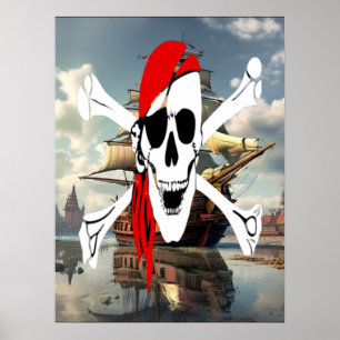 Vintage Crossbones Pirate at Sea Poster