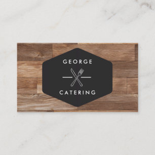 Vintage Crossed Fork Knife Logo Catering Wooden Business Card