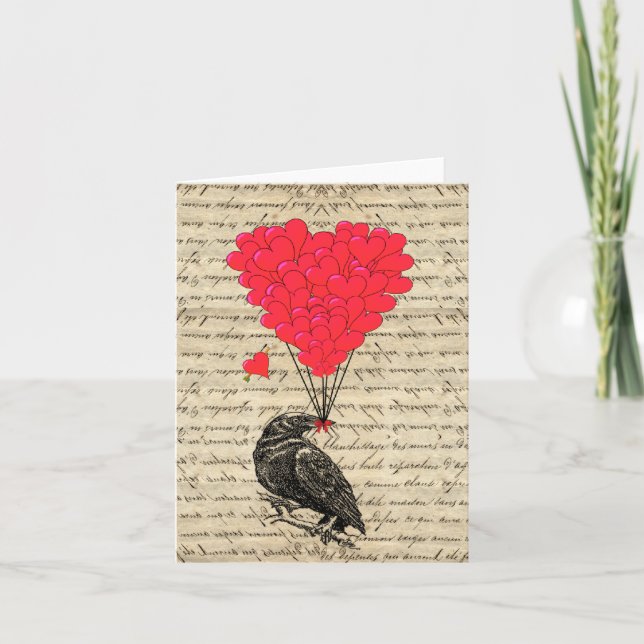 Vintage Crow and heart shaped balloons Card (Front)