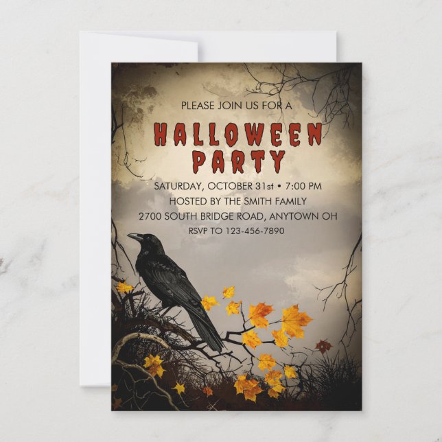 Vintage Crow & Autumn Leaves Halloween Party Invitation (Front)