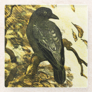 Vintage Crow Perched on a branch Theo van Hoytema Glass Coaster