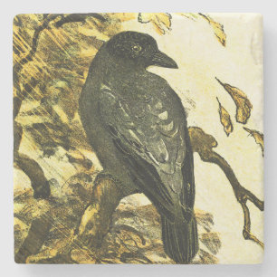 Vintage Crow Perched on a branch Theo van Hoytema Stone Coaster