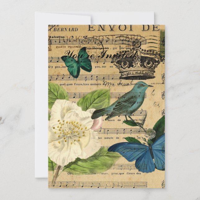 vintage crown bird Music Notes french botanical Invitation (Front)