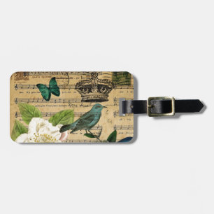vintage crown bird Music Notes french botanical Luggage Tag