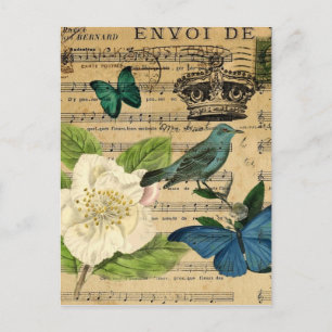 vintage crown bird Music Notes french botanical Postcard