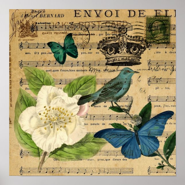vintage crown bird Music Notes french botanical Poster (Front)