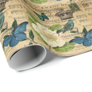 vintage crown bird Music Notes french botanical Wrapping Paper