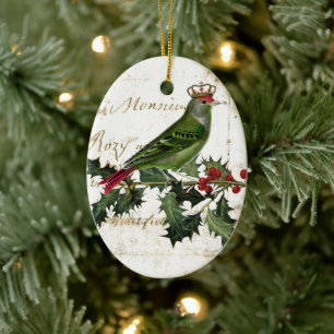 Vintage Crown Green Bird & Holly Ceramic Tree Decoration