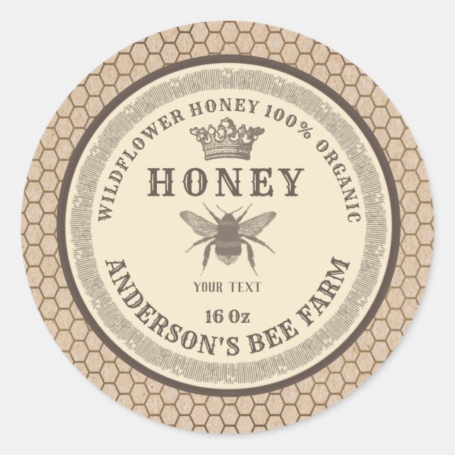 Vintage crown kraft bee honey jar label  (Front)