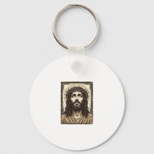 Vintage Crown of Thorns Religious Portrait Key Ring