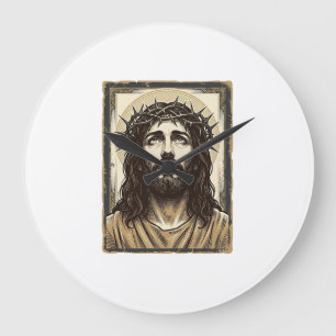 Vintage Crown of Thorns Religious Portrait Large Clock