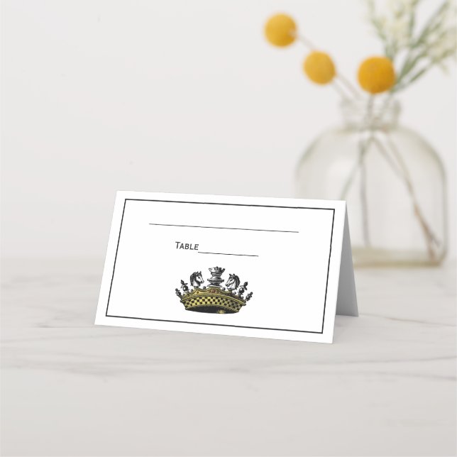 Vintage Crown With Chess Pieces Colour Place Card (Back)
