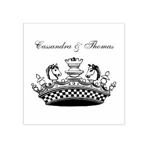 Vintage Crown With Chess Pieces Name Rubber Stamp