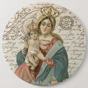Vintage Crowned Blessed Virgin Mother Mary Jesus 6 Cm Round Badge