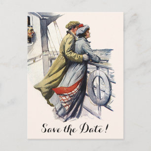 Vintage Cruise Ship Romance, Wedding Save the Date Announcement Postcard