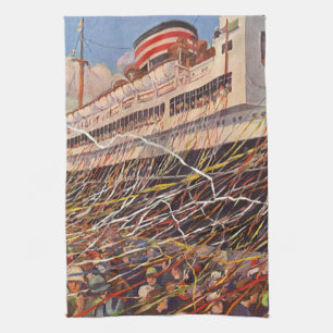 Vintage Cruise Ship Vacation; Bon Voyage Party! Tea Towel