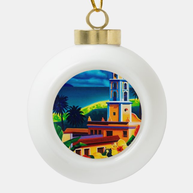 Vintage Cuba Travel Ceramic Ball Christmas Ornament (Front)