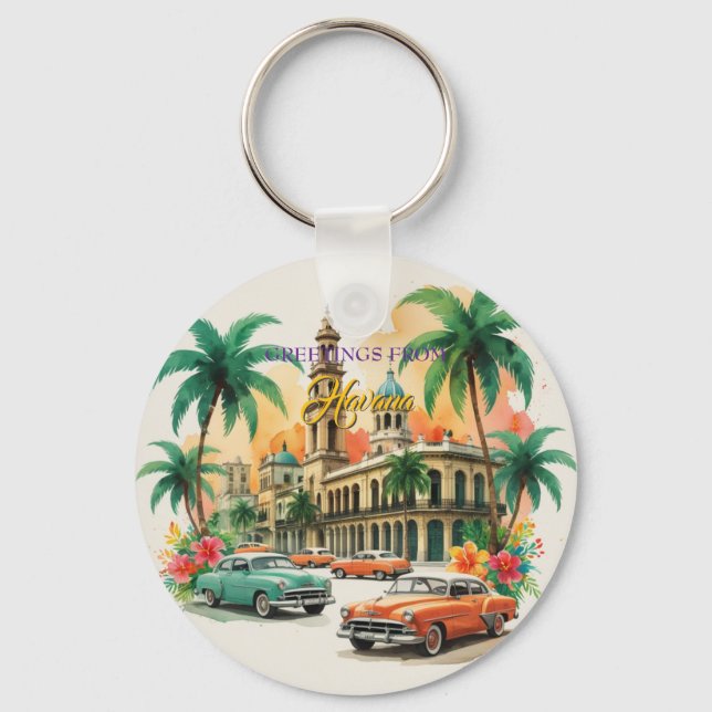 Vintage Cuba Travel - Greetings From Havana Key Ring (Front)