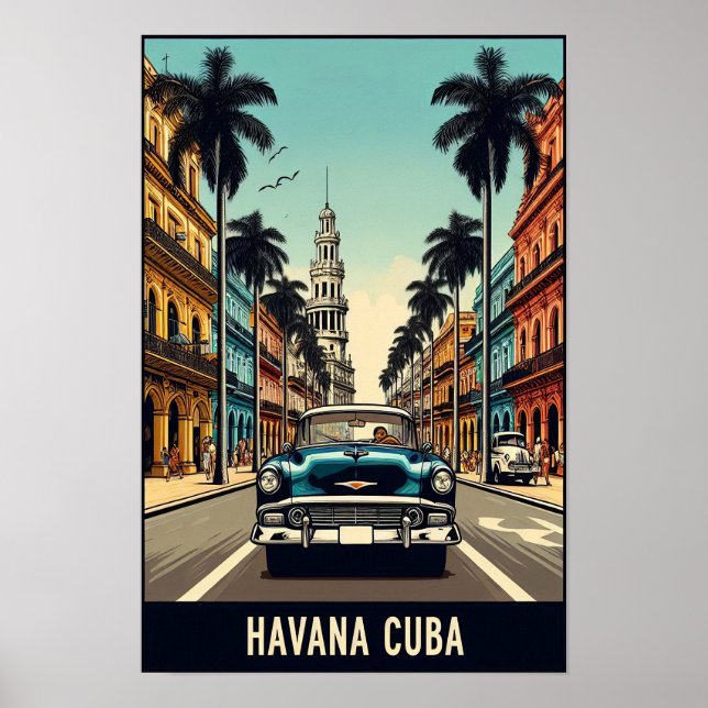 Vintage Cuba Travel Poster with Classic Cars  (Front)