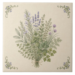 Vintage Culinary Herb Bouquet Kitchen Garden Tile