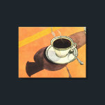 Vintage Cup of Coffee, Saucer, Spoon, Retro Diner Canvas Print<br><div class="desc">Vintage illustration hot drinks and beverages image featuring a retro cup of coffee on an orange tablecloth.</div>