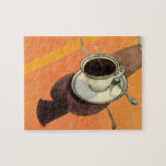 Vintage Cup of Coffee, Saucer, Spoon, Retro Diner Jigsaw Puzzle<br><div class="desc">Vintage illustration hot drinks and beverages image featuring a retro cup of coffee on an orange tablecloth.</div>