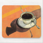 Vintage Cup of Coffee, Saucer, Spoon, Retro Diner Mouse Mat<br><div class="desc">Vintage illustration hot drinks and beverages image featuring a retro cup of coffee on an orange tablecloth.</div>