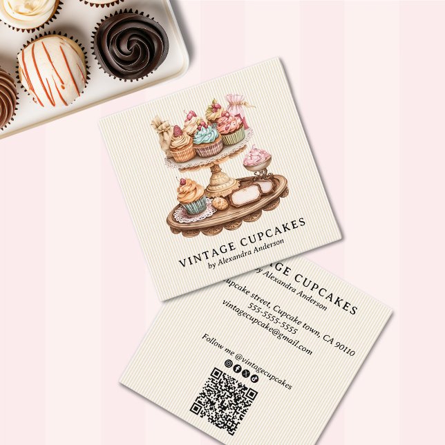 Vintage Cupcake Retro Bakery Square Business Card (Vintage Cupcake Retro Bakery Square Business Card)