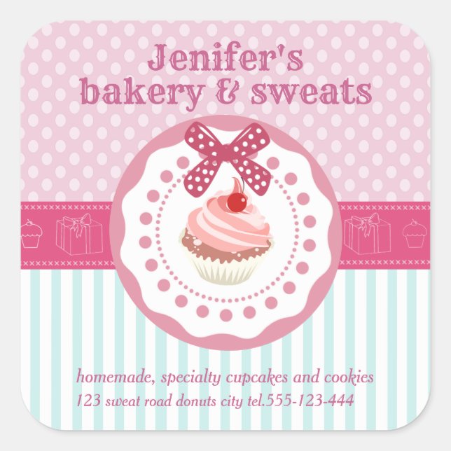 Vintage cupcakes bakery polka dots stripes square sticker (Front)